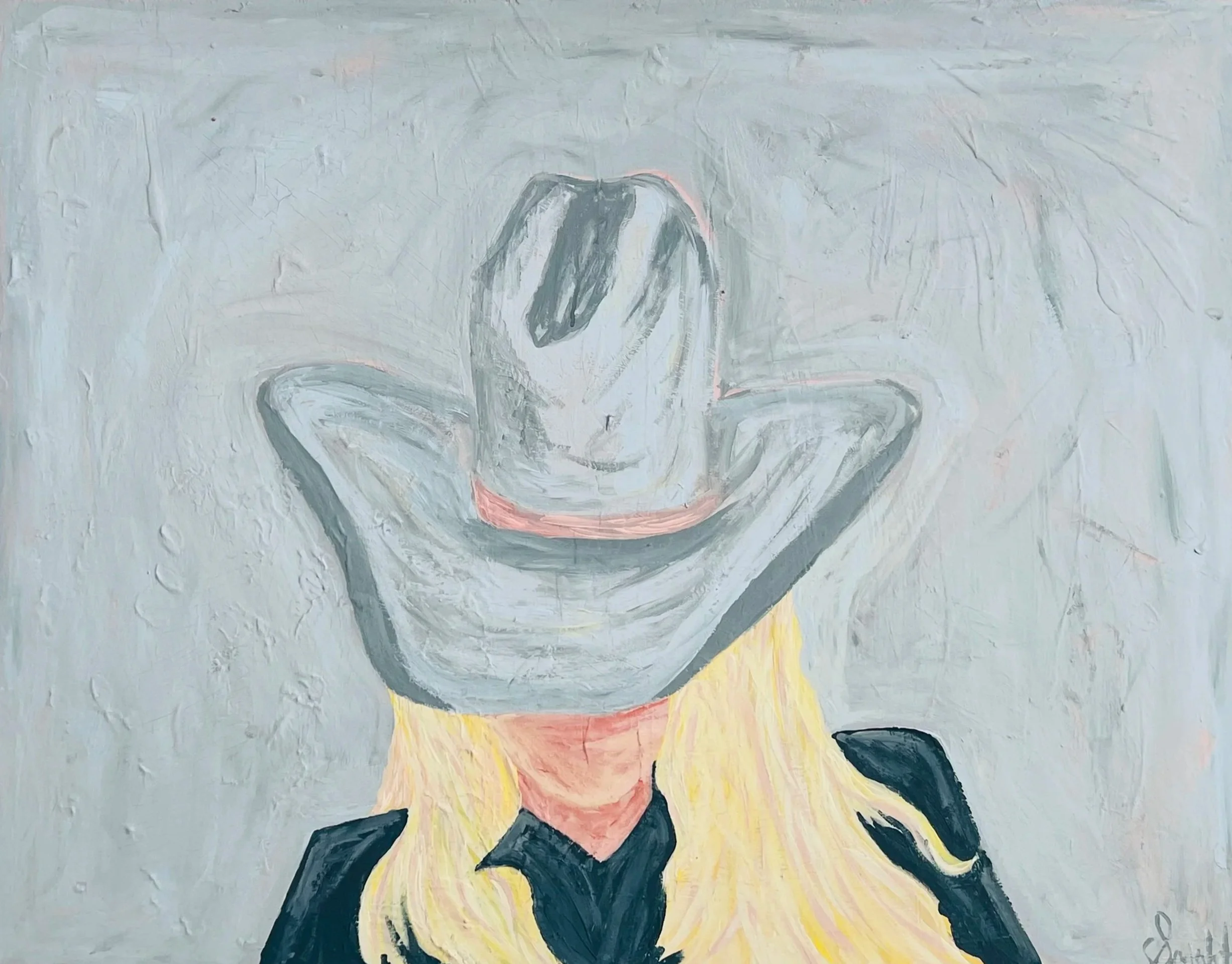 A painting of a cowgirl in a cowboy hat and blonde hair, wearing a black shirt, depicted from the shoulders up with a textured gray background.