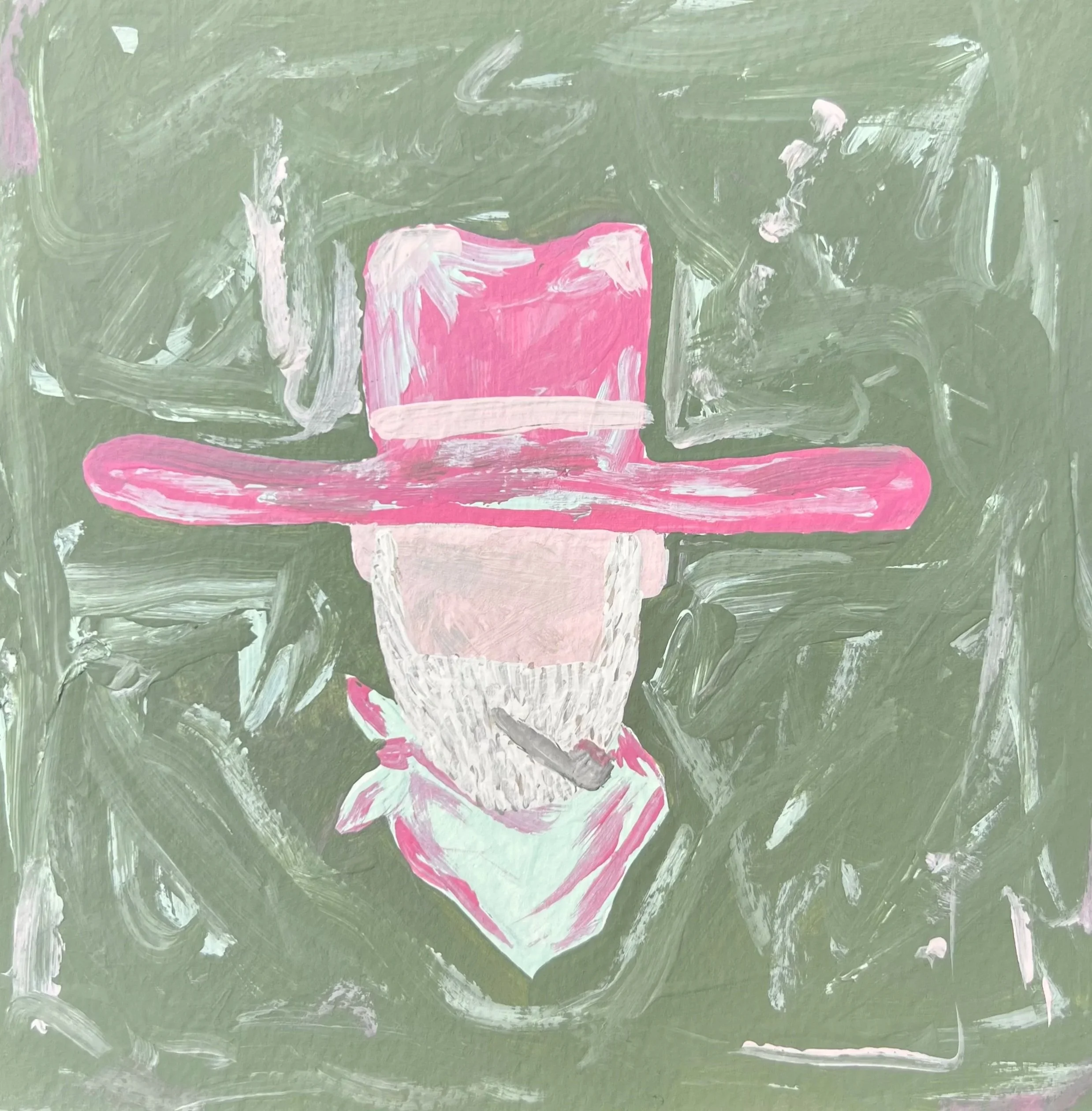 Cowboy wearing a pink hat and scarf, with a green background.