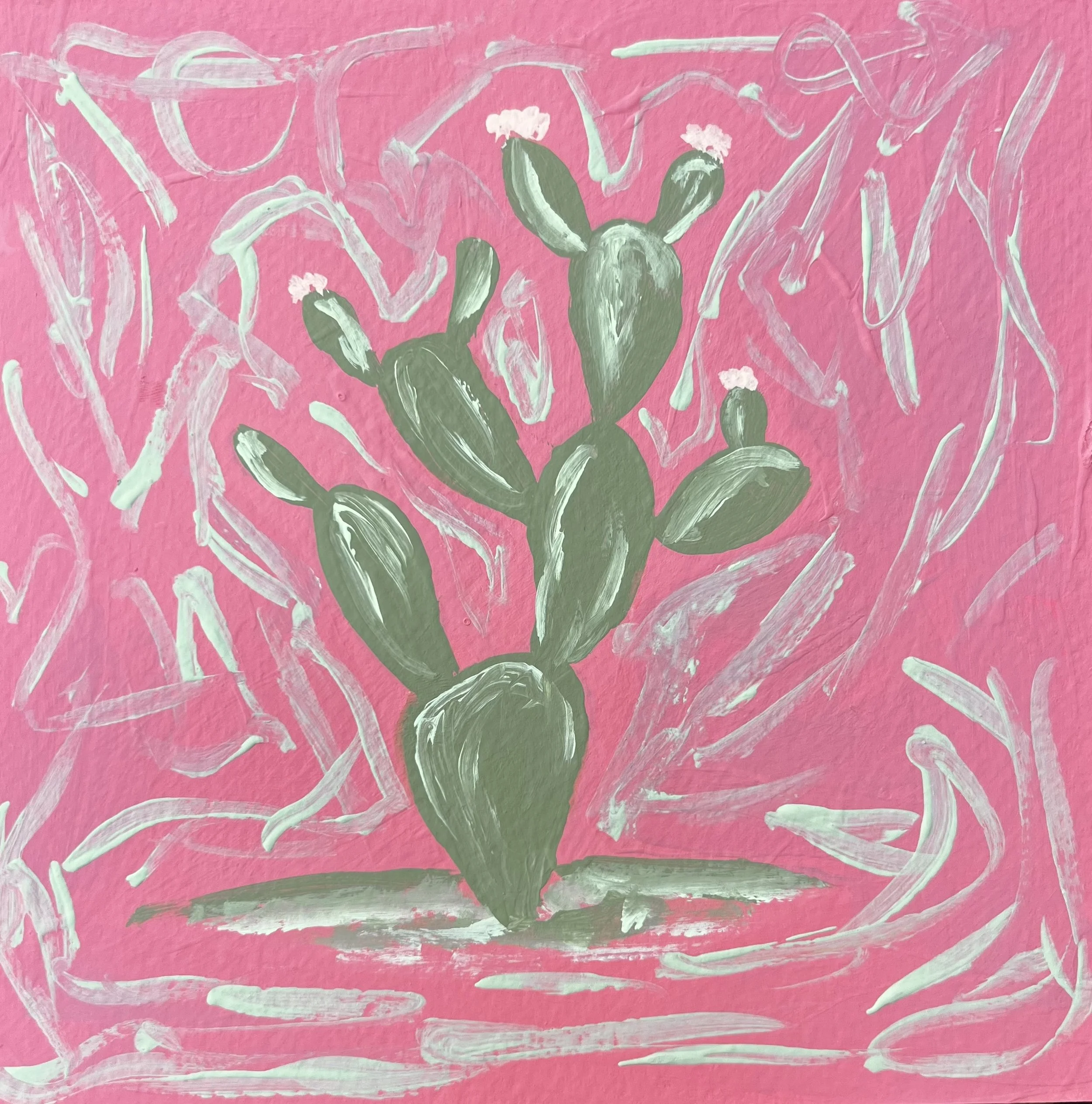 A painting of a cactus with pink flowers, set against a pink background with white abstract brushstrokes.