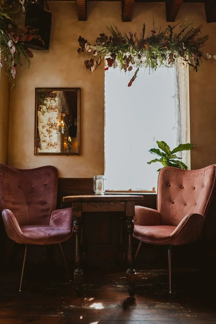 An interior scene of a cozy cafe corner with vintage pink armchairs, a wooden table, a large window with lace curtains, a mirror on the wall, a hanging floral arrangement, a plant, and warm lighting reflections.