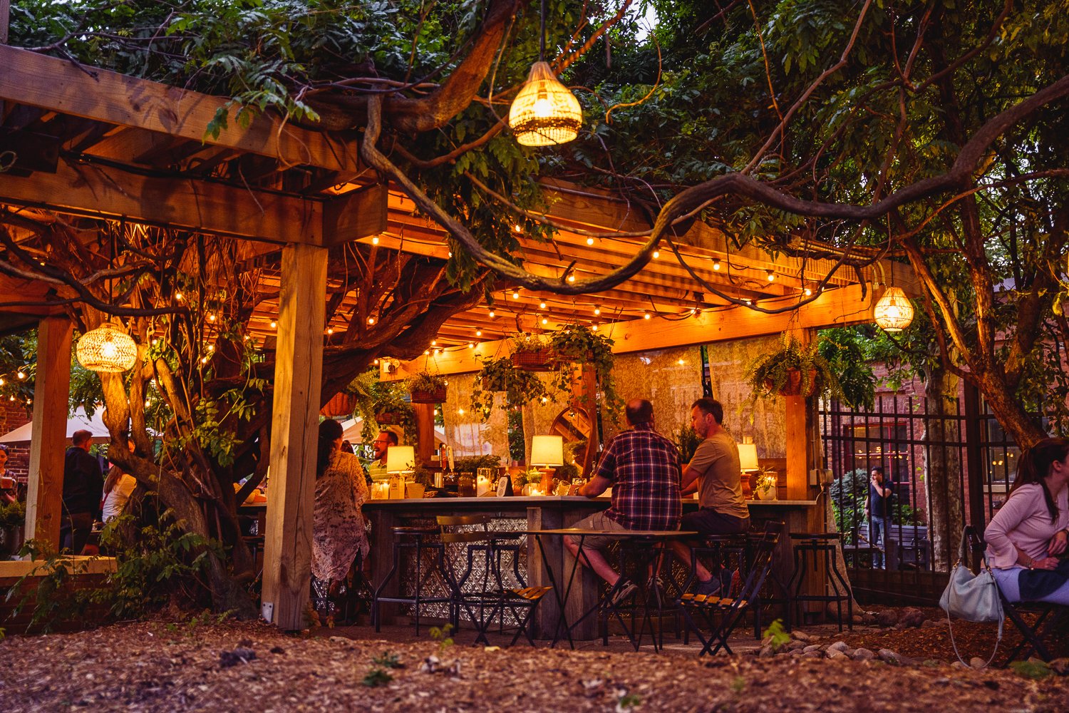 An outdoor bar area under a large tree with string lights and hanging lanterns, with people sitting and socializing.