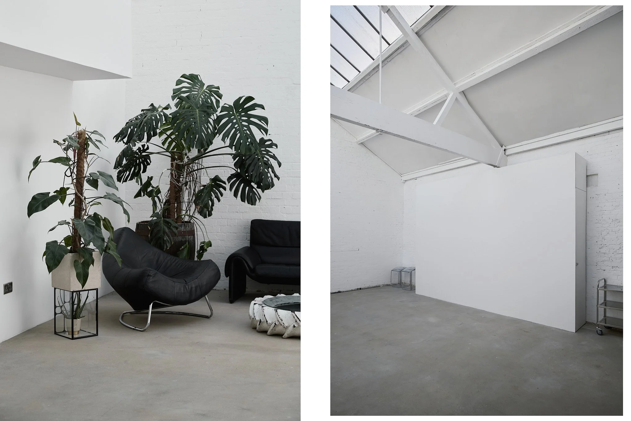 Hackney studio space featuring designer furniture, high ceiling with skylight big windows and indoor plants, London creative interior loft