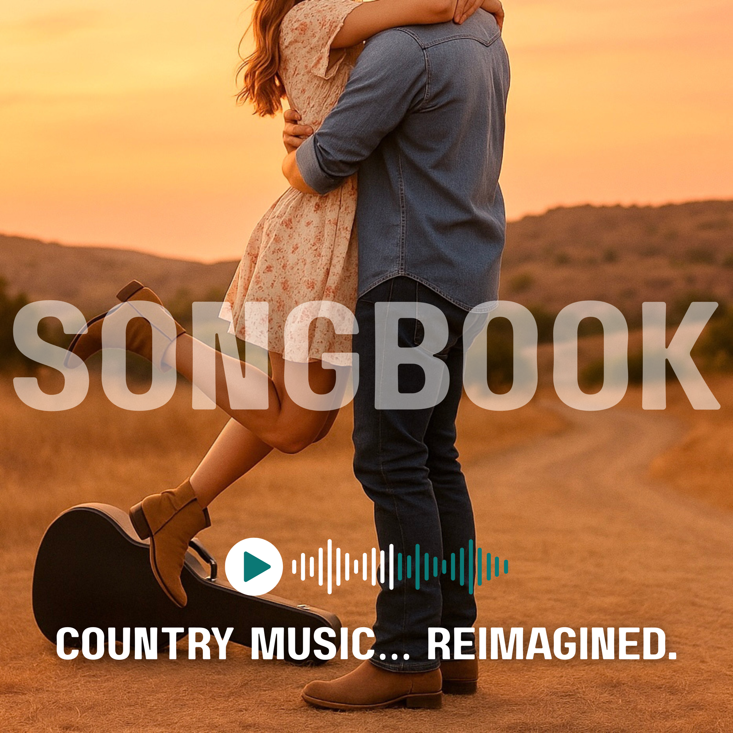A country couple embraces at sunset with a guitar case at their feet. The word "Songbook" is written in bold typeface across the center of the image.