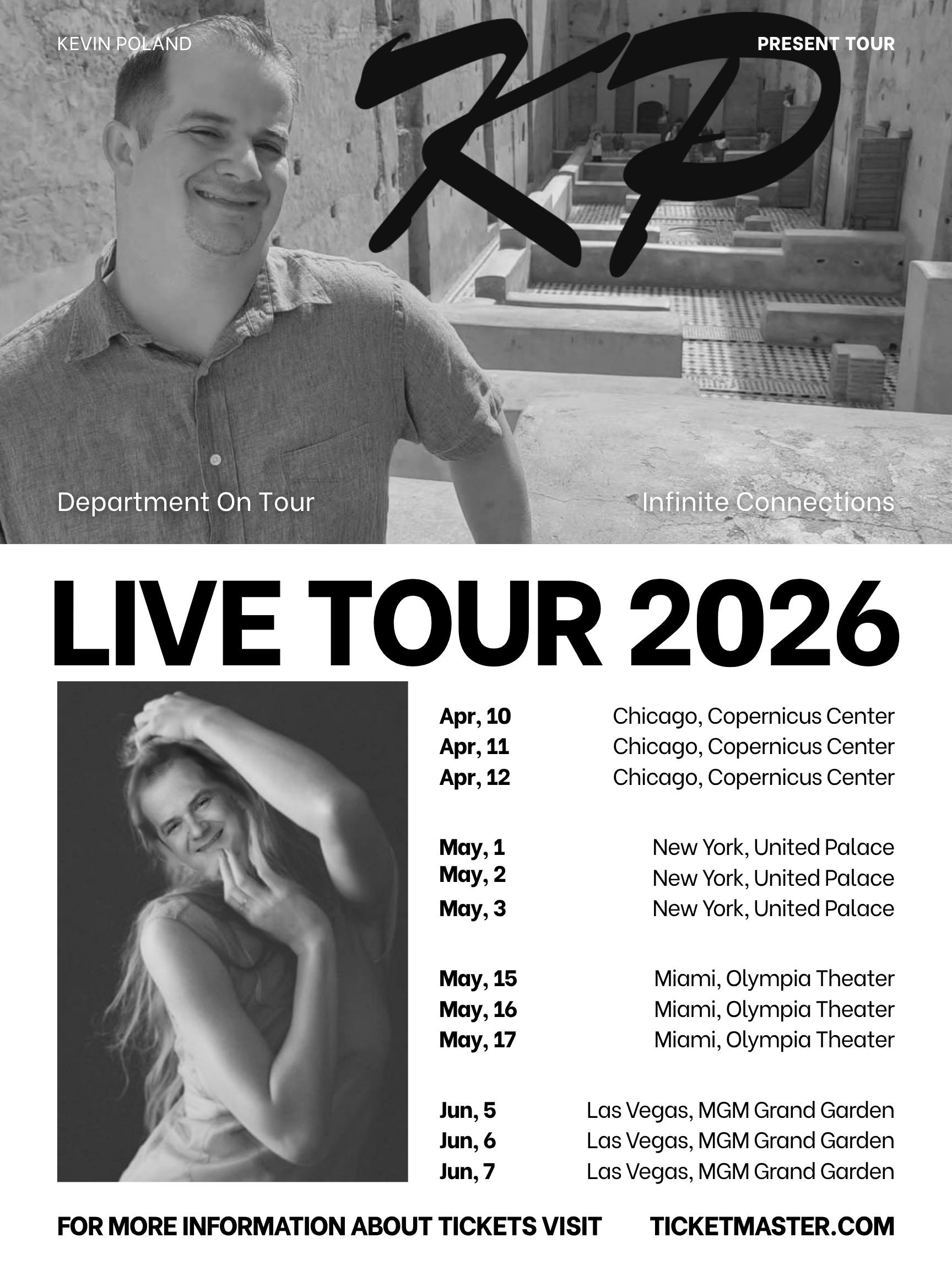Promotional poster for Kevin Poland's 2026 live tour featuring Chicago, New York, Miami, and Las Vegas performances. Includes images of Kevin Poland and a female model, with tour dates and locations listed.