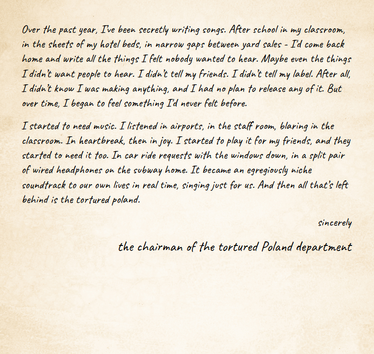 A handwritten letter on slightly textured, cream-colored paper. The letter is signed by the chairman of the tortured Poland department, discussing writing songs, music, and personal feelings.