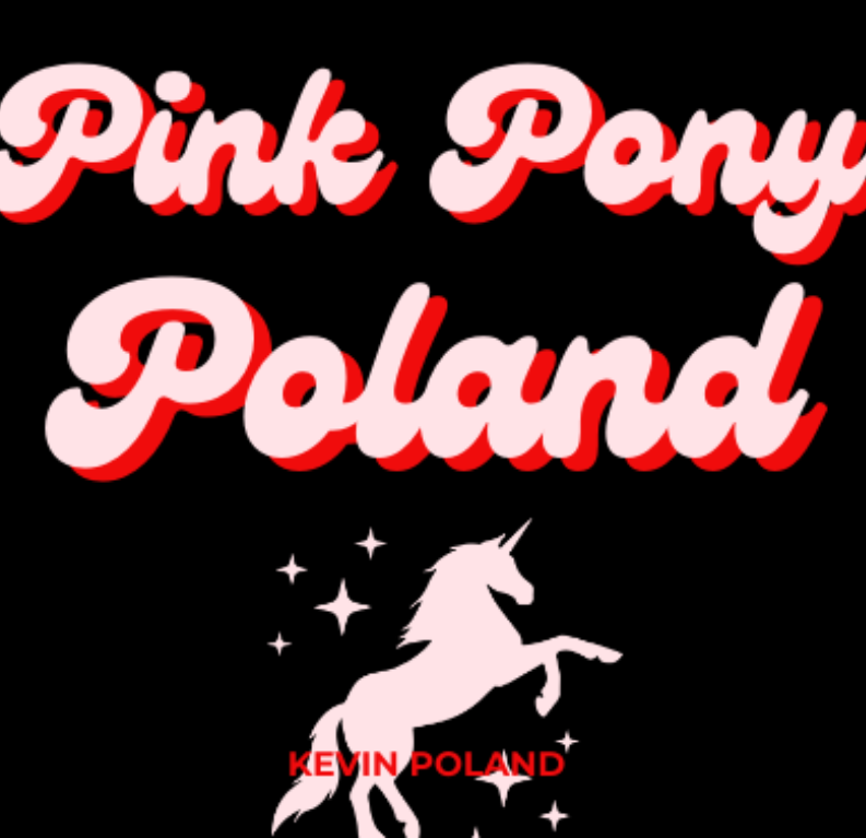 The cover features the title "Pink Pony Poland" in bold pink and red text on a black background, with a light pink rearing unicorn and small stars.