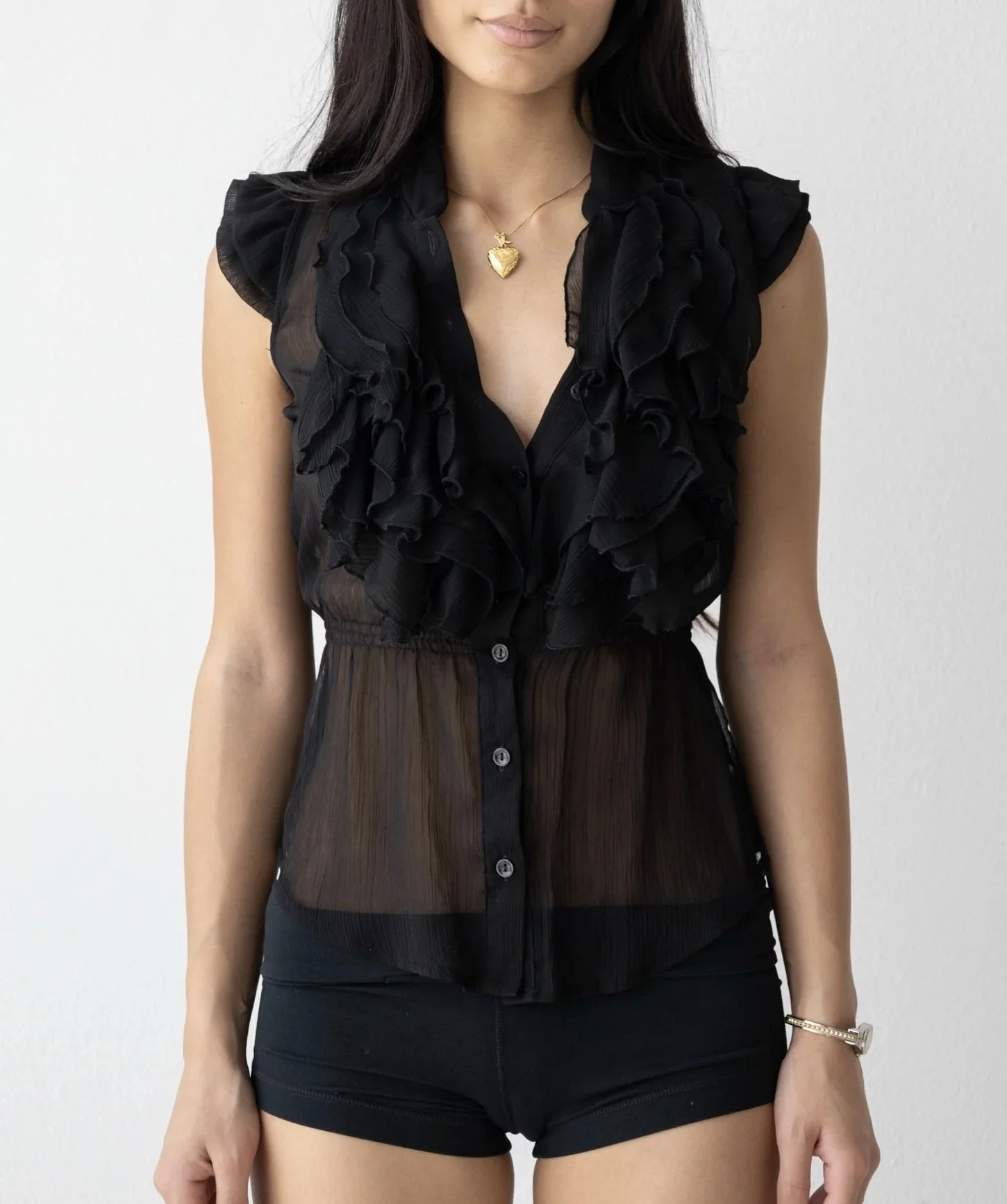 Black Ruffle Chiffon Ruffle Top (Small)