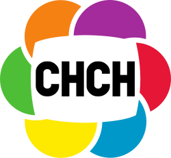 Colorful abstract logo with six petal-like shapes in orange, purple, red, blue, yellow, and green surrounding a black square in the center.