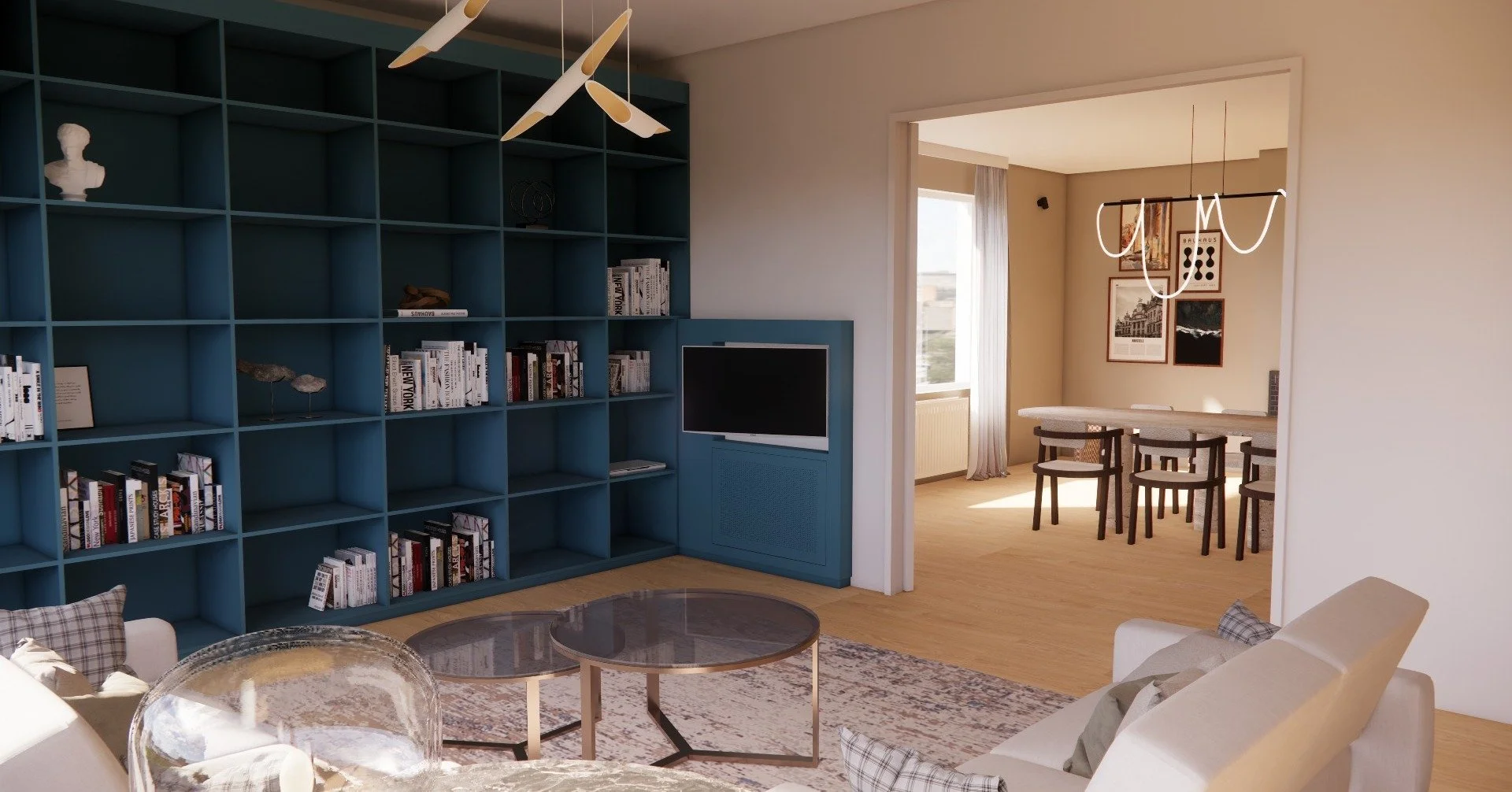 Projet Montjoie ✨ LE SALON ✨

Et voici de nouveaux visuels de mon projet Montjoie. Une grande biblioth&egrave;que dans une belle teinte bleue bien pr&eacute;sente, qui s'associe avec la douceur des autres coloris. Un retour de meuble dans lequel vien