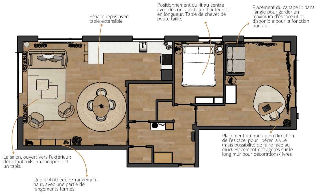 Plan d’aménagement de l’appartement De Viron à Dilbeek, avec séjour, cuisine, chambre et bureau