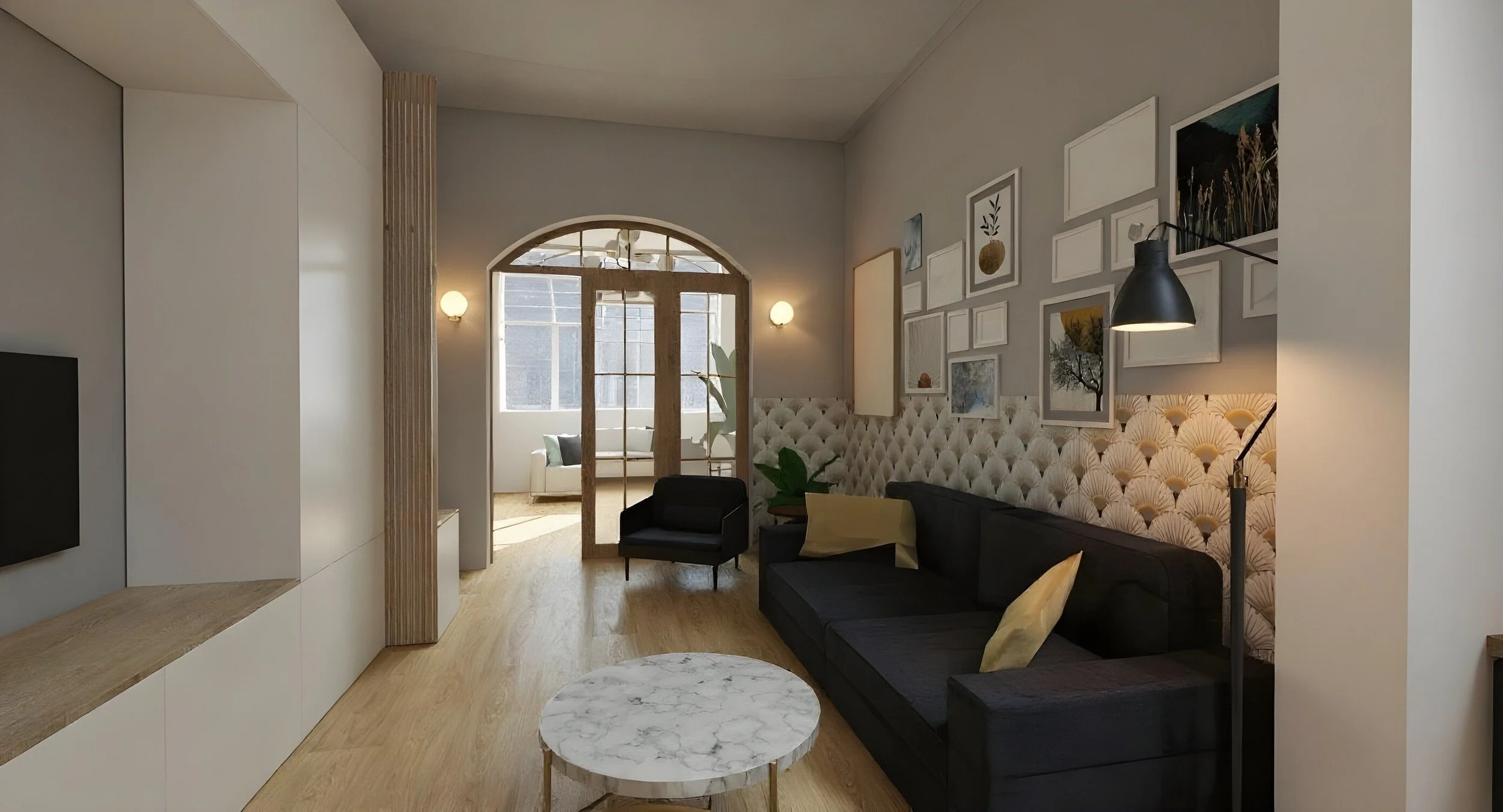 Visualisation 3D du salon avec canapé bleu, papier peint Art déco, rangements sur mesure et verrière donnant sur le bureau.
