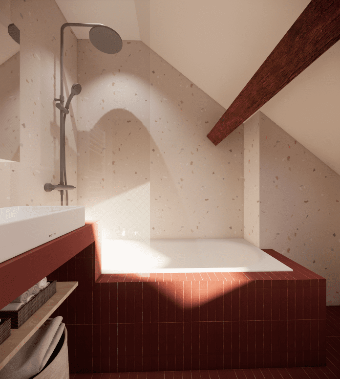 Salle de bain avec une baignoire encastrée, un mur en mosaïque rouge, un plafond inclin