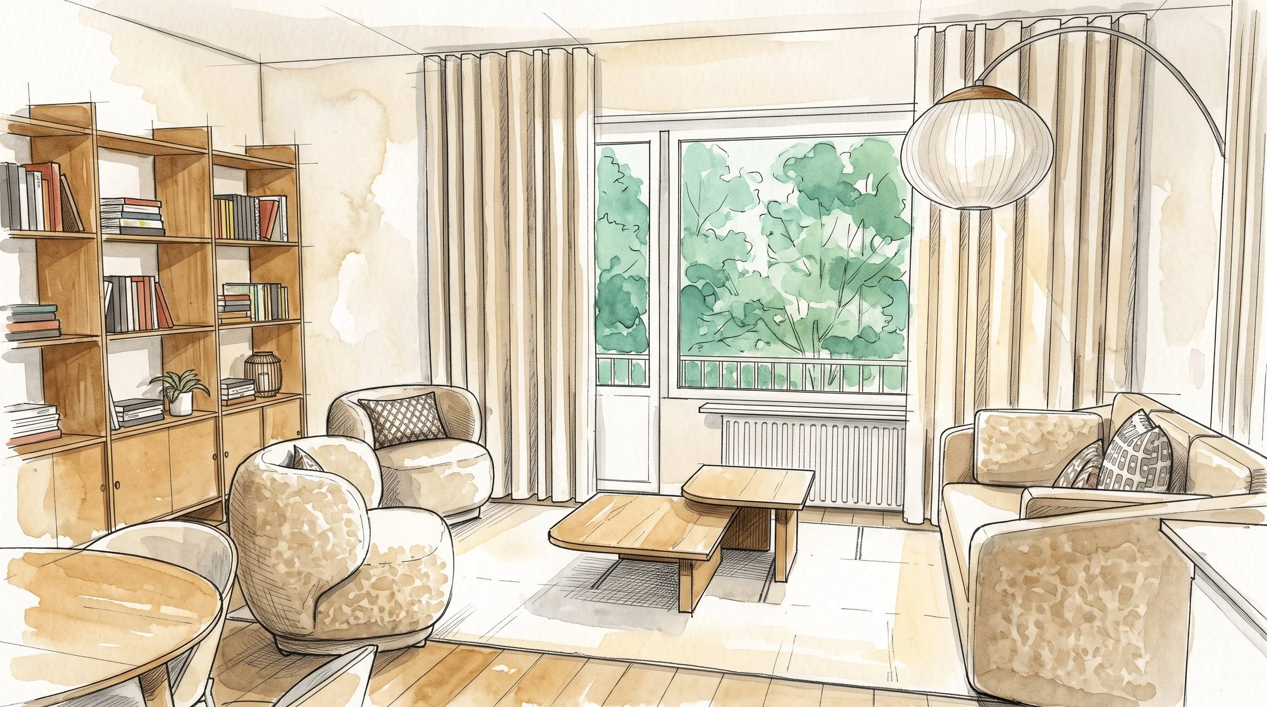 Croquis du salon lumineux avec bibliothèque en bois, rideaux pleine hauteur et lampadaire courbe