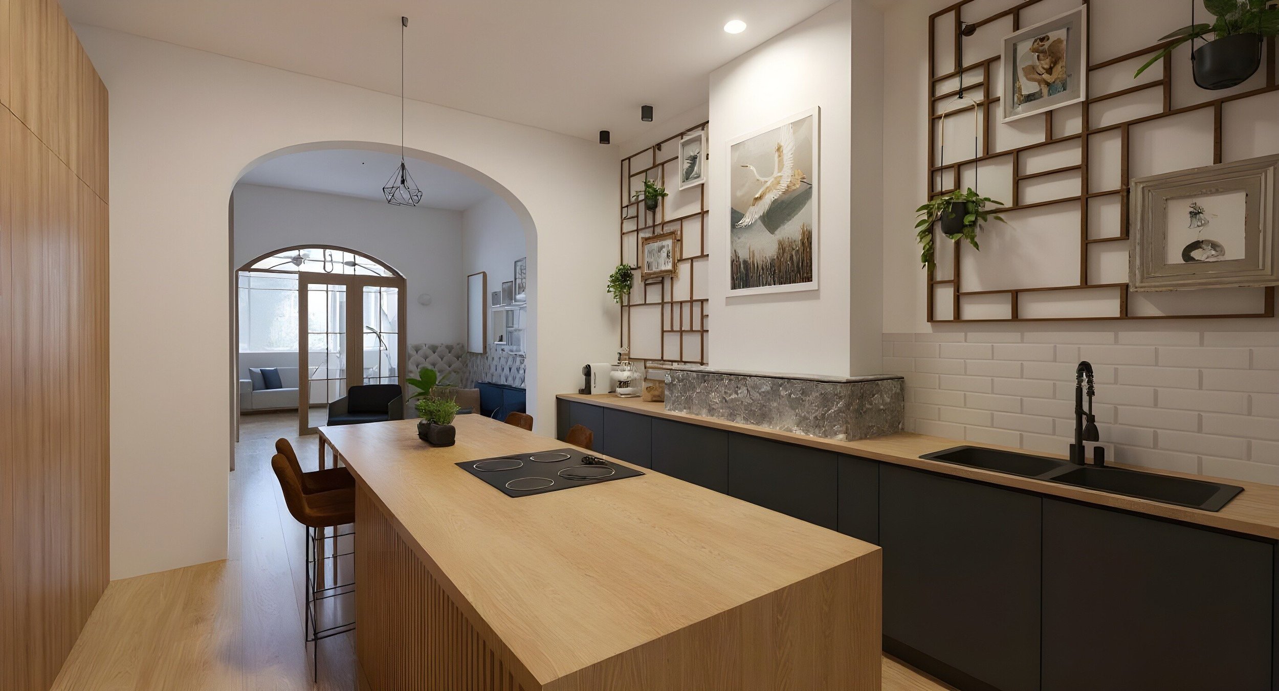Visualisation 3D de la cuisine avec îlot central en bois, vue vers le salon et la verrière du bureau, projet Alexandre Bertrand à Forest.