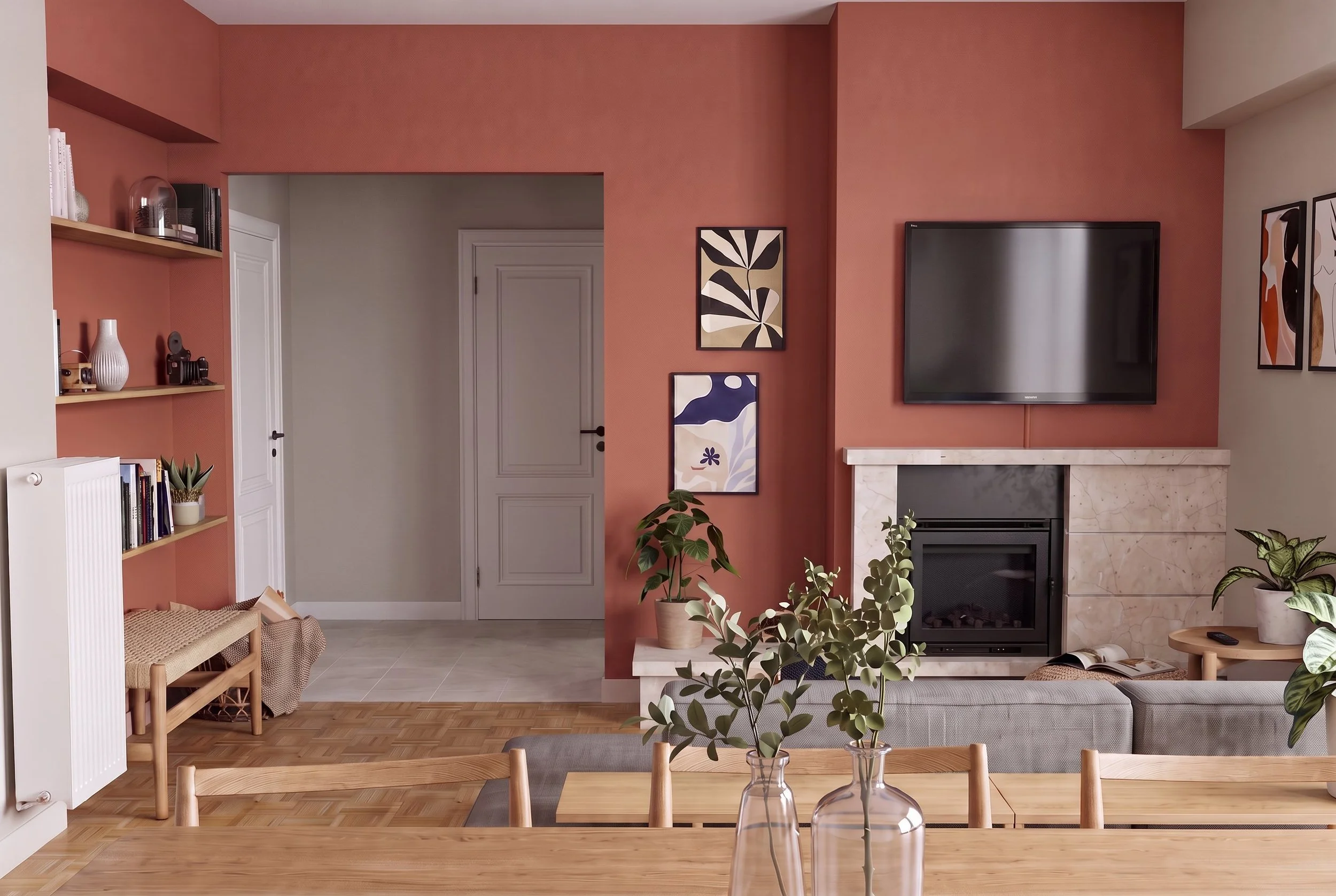 Vue générale du séjour du projet Hoover depuis la salle à manger, avec salon terracotta, cheminée en pierre et étagères en bois.