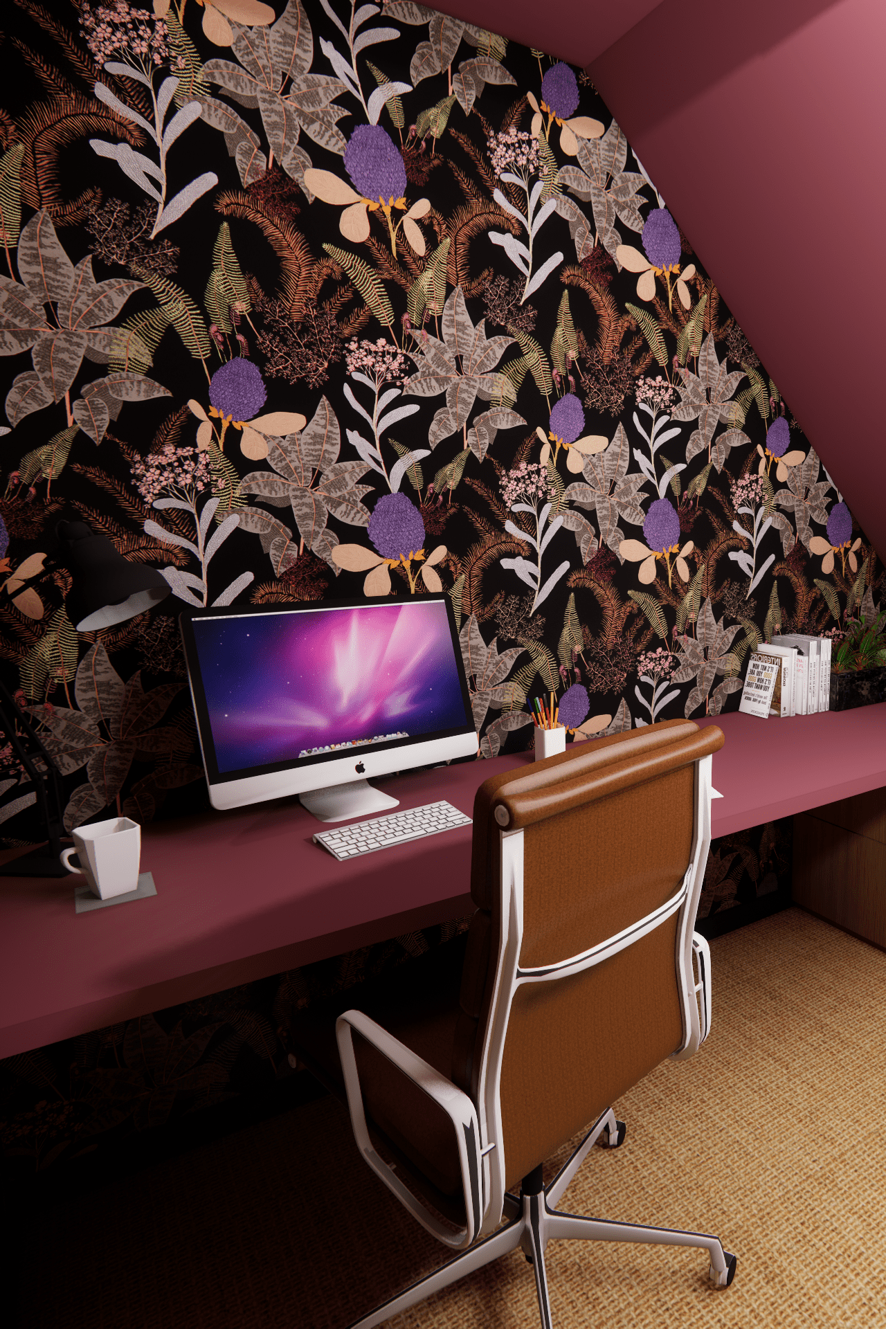 Visualisation 3D du bureau coloré du projet Bigarreaux avec papier peint floral et mobilier bordeaux