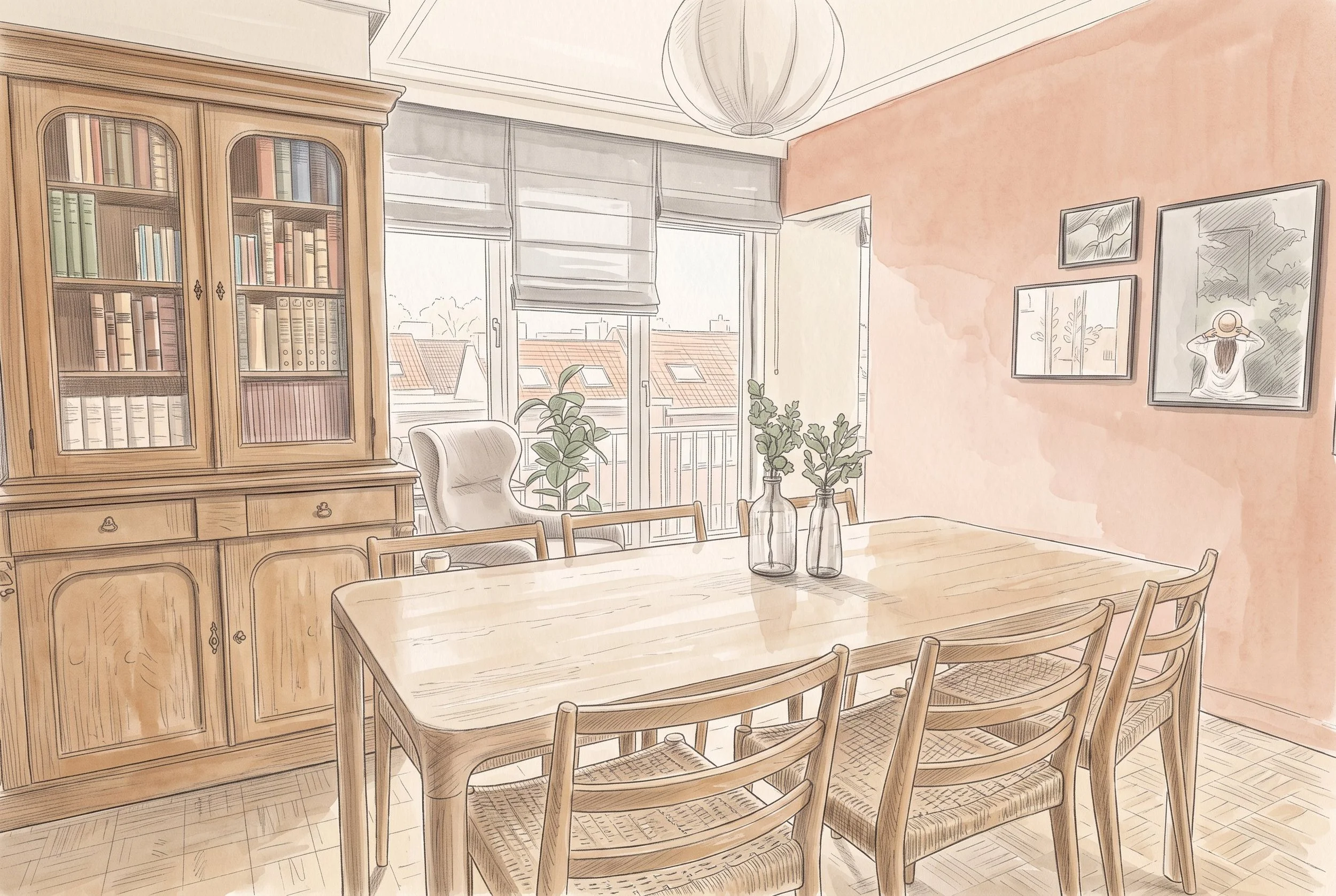 Croquis de la salle à manger du projet Hoover avec grande table en bois, chaises cannées, bibliothèque ancienne et mur terracotta.