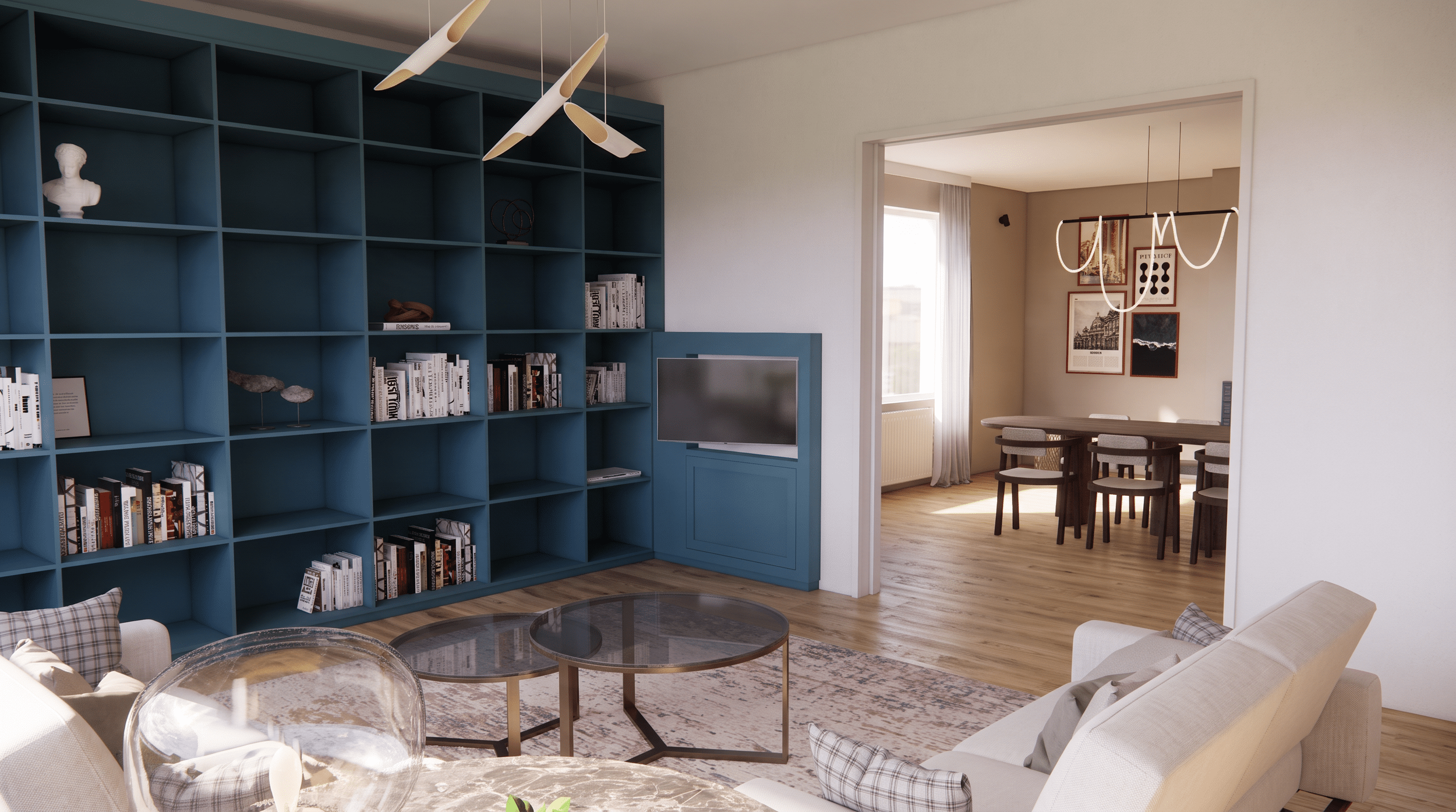 Visualisation 3D du salon du projet Montjoie avec bibliothèque bleue sur mesure