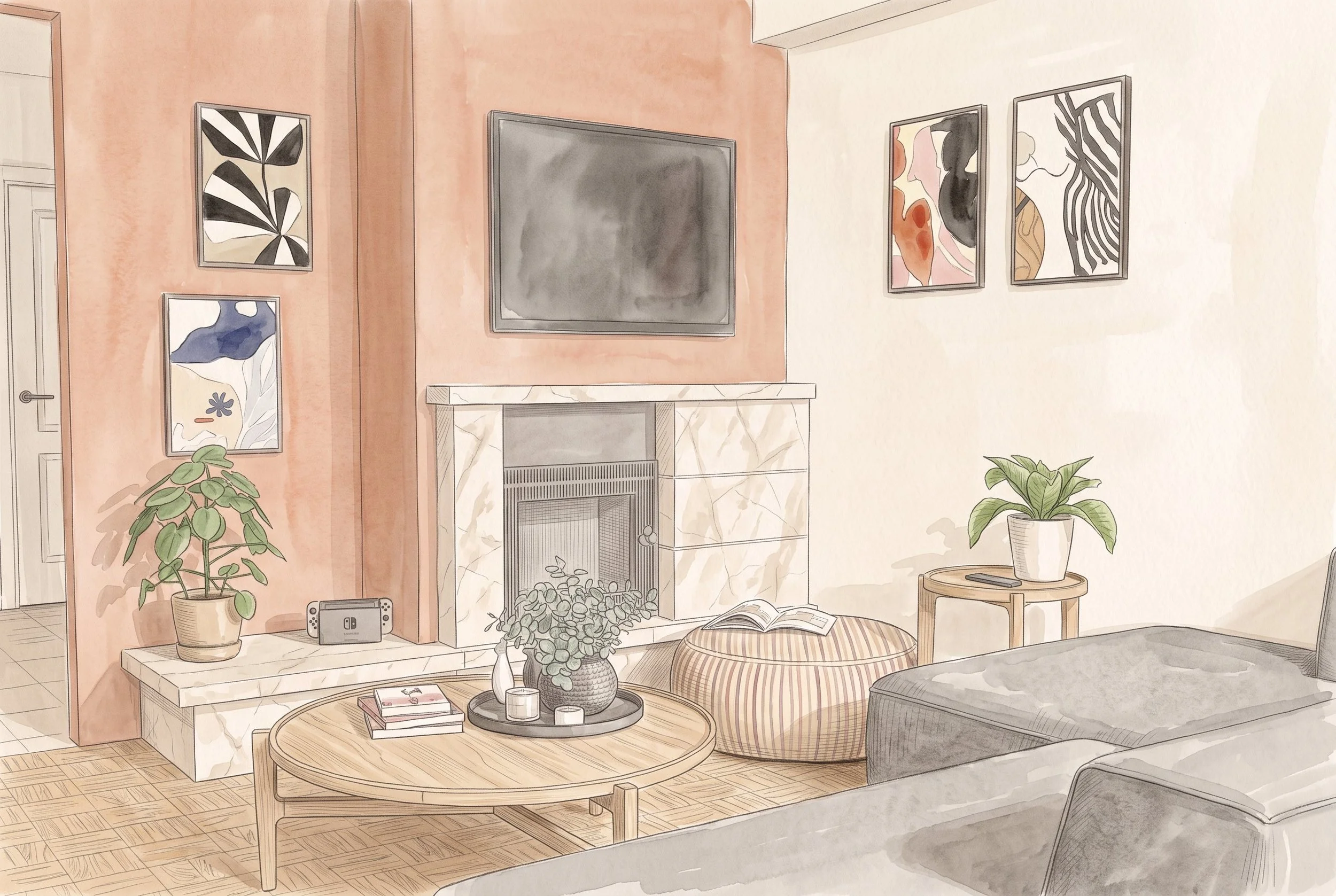 Croquis du salon du projet Hoover à Woluwe-Saint-Pierre, avec mur terracotta, cheminée en pierre, canapé gris et table basse en bois.