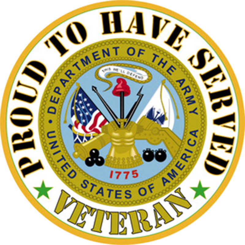 Seal of the Department of the Army featuring crossed cannons, symbols of artillery, and the year 1775, surrounded by the words "Proud to Have Served" and "Veteran."