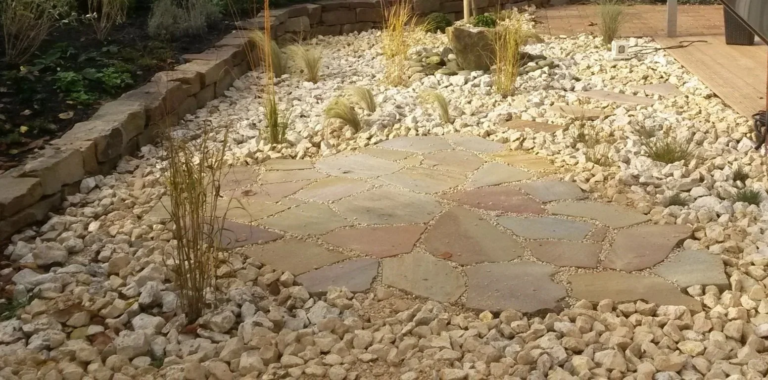 Gartenweg aus unregelmäßigem Natursteinpflaster mit Kiesrand