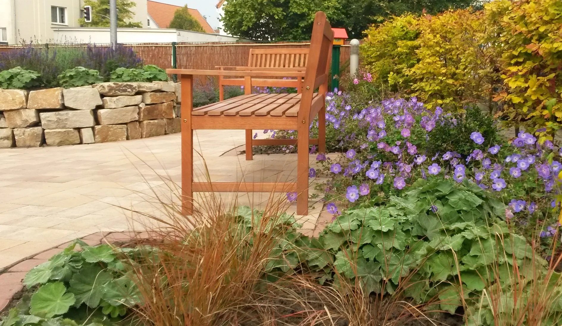 Holzbank in naturnah gestaltetem Garten mit Stauden und Steinmauer