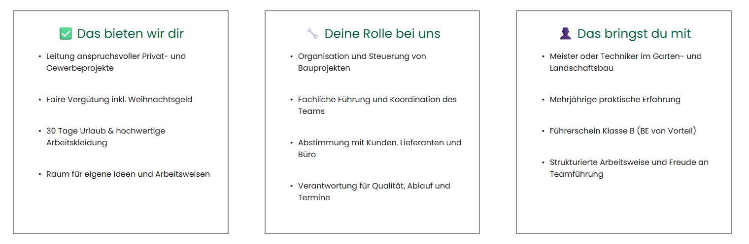 Übersicht Stellenangebot Meister Garten- und Landschaftsbau mit Aufgaben, Profil und Benefits