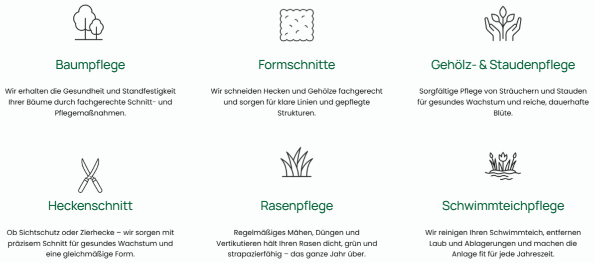 Übersicht Leistungen der Gartenpflege: Baumpflege, Heckenschnitt, Rasenpflege und Schwimmteichpflege