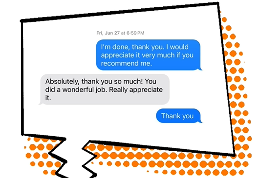 Una conversación de mensajes de texto en una pantalla digital, en la que alguien expresa agradecimiento por un trabajo bien hecho y pide una recomendación, con elementos gráficos de estilo cómic en el fondo.