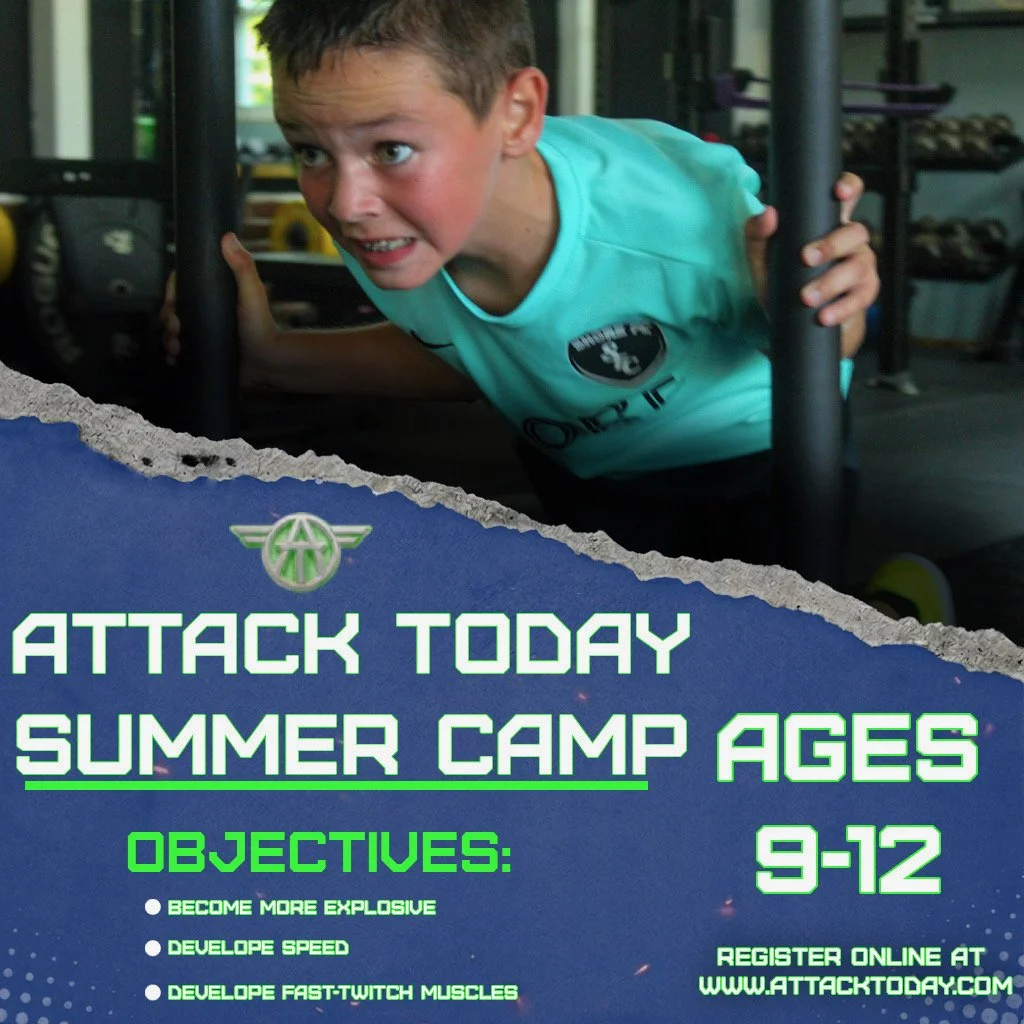 A young boy exercises with a sled push at a gym; overlay text promotes Attack Today Summer Camp for ages 9-12 focused on fitness objectives.