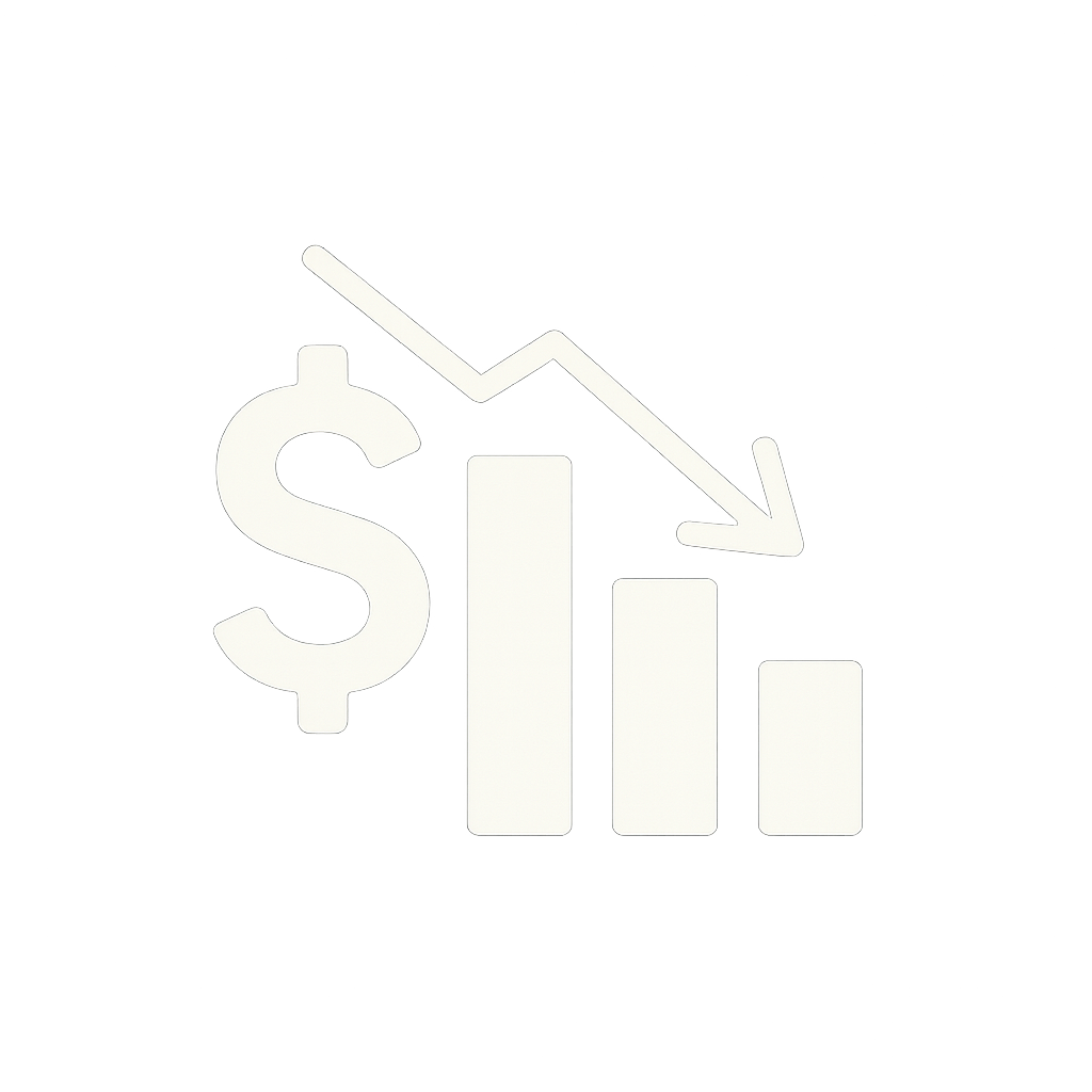 A black and white icon showing a dollar symbol with a downward trending line graph and bar chart, representing a decrease in financial value or economic decline.
