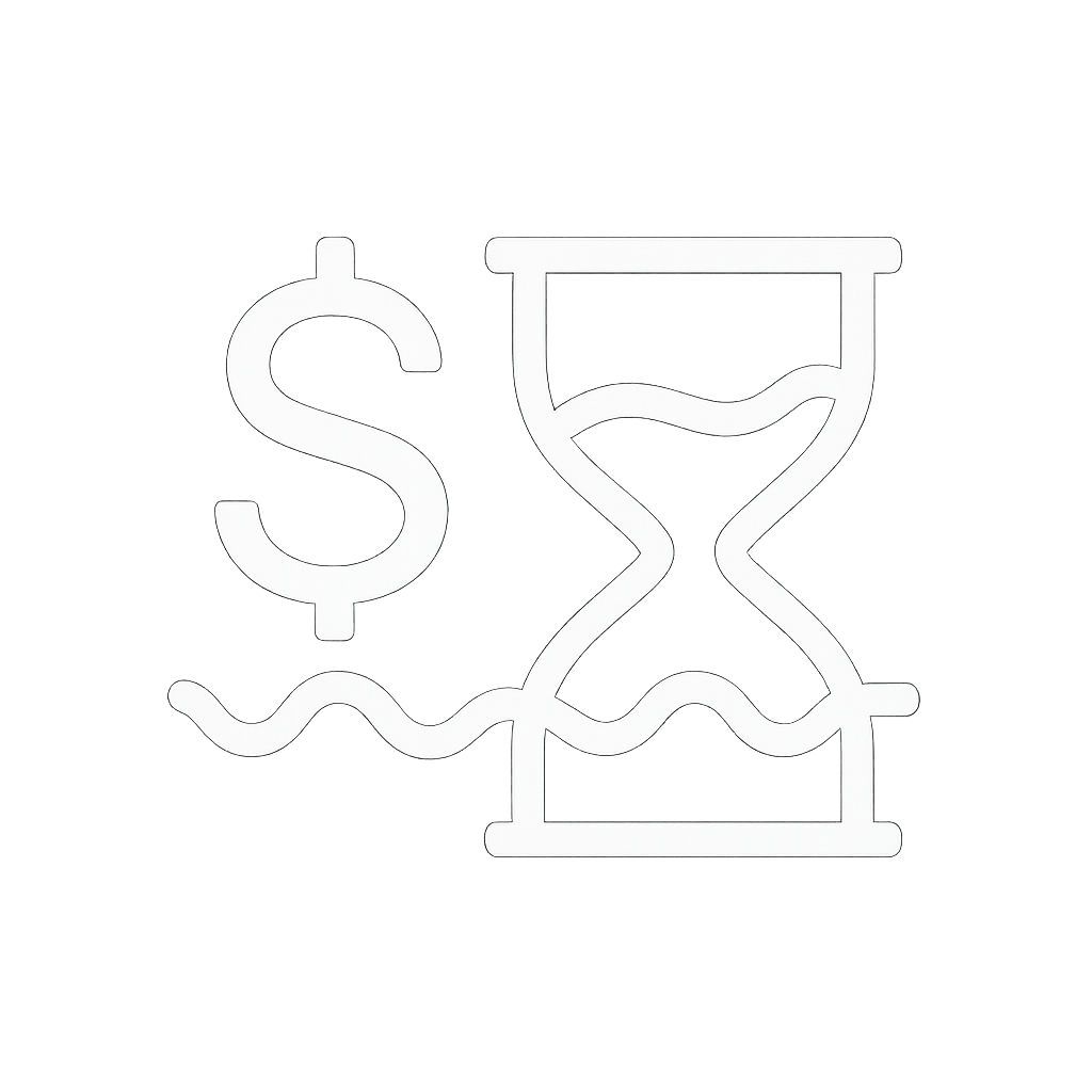 Illustration of an hourglass with wavy lines inside, a dollar sign, and two wavy lines beneath