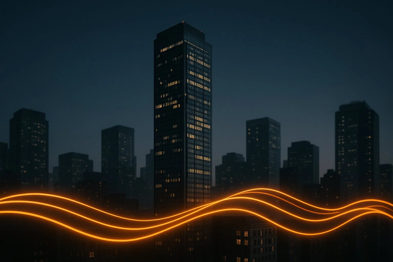 Nighttime cityscape with illuminated office buildings and orange light trails across the foreground.