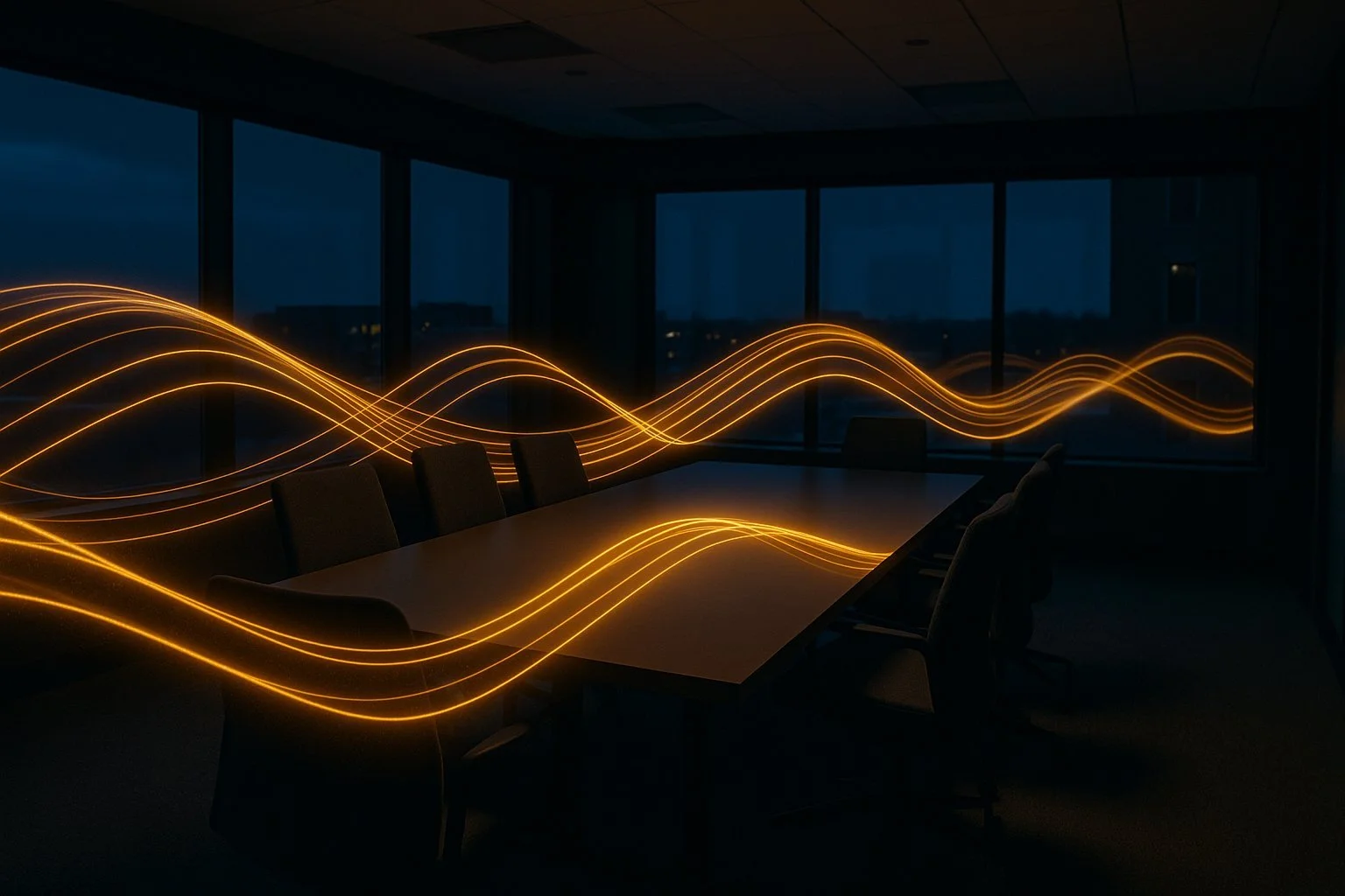 A dark conference room with a long table and chairs, illuminated by glowing orange wave lines and large windows showing a nighttime cityscape.