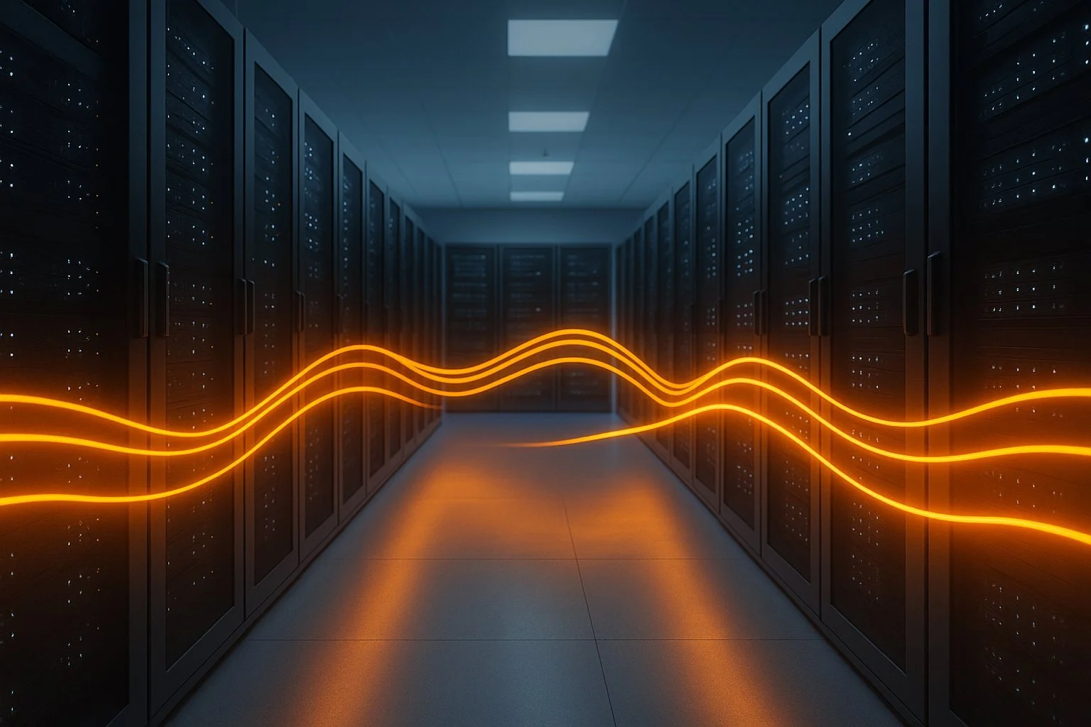 A data center aisle with rows of server racks on both sides, illuminated by ceiling lights, with orange digital wave lines in the foreground.