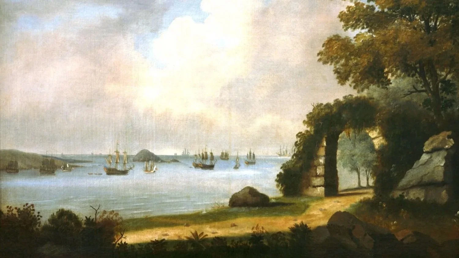 1791 painting of archway with sea and many schooners. By Lieutenant Thomas Yates.