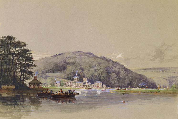 1846 painting by Nicholas Condy showing Cotehele viewed from the water with the Royal Barge in the foreground. A wooded hill rises behind Cotehele.