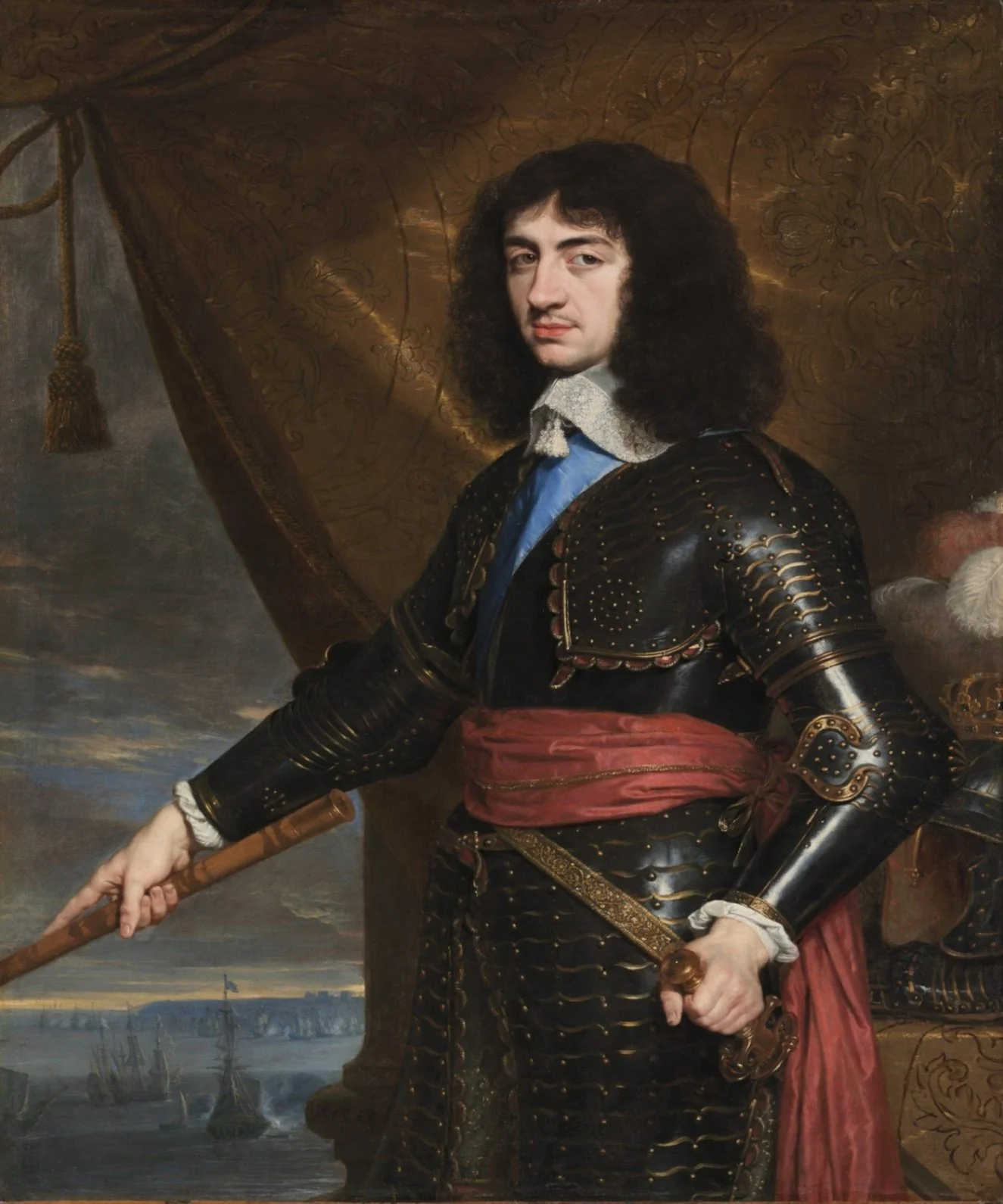 Painting of King Charles II of England by Philippe de Campagne in 1653. The king is shown in armour  with a red sash. A window behind him shows a seascape and boats.