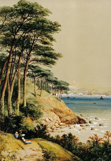 Painting of lower zig-zags in Mount Edgcumbe parkland showing path with people, trees, foreshore, rocks and sea with boats. Land across the estuary is visible in the distance.