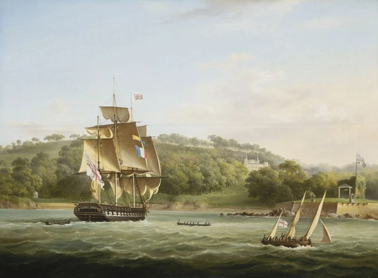 A painting by Thomas Lyde Hornbrook (1807 -1855) of Barn Pool. A Royal Navy frigate and some smaller craft  are depicted in the foreground.  Mount Edgcumbe House, framed by hills and trees can be seen in the middle distance.