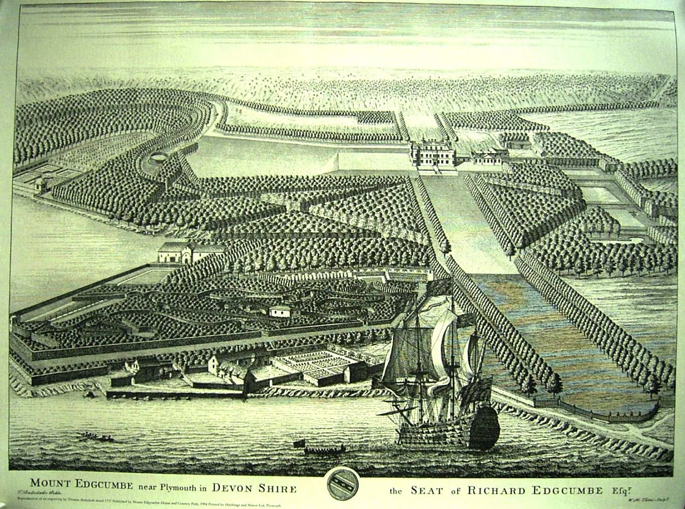 Print of Thomas Badeslade's 1737 depiction of Mount Edgcumbe House and parkland. The image reveals a formal landscape and is important for the detail it reveals about buildings and design.