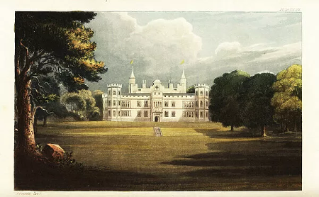 A view of the front of Mount Edgcumbe House in 1826. The house was lime-rendered and thus white. Grass leads up to the house and trees  frame it.