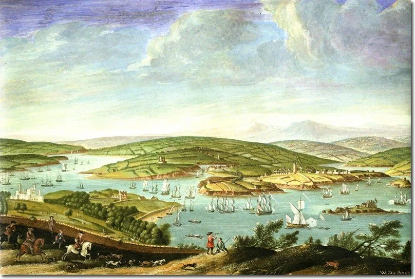 Panoramic view of Mount Edgcumbe and its parkland viewed from Stonehouse by W de Busc c. 1680
