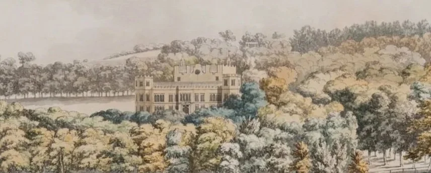 Mount Edgcumbe House as depicted by Charles Tomkins in the Panorama series of paintings 1778-79. The house is seen from a distance and rises above the treeline. More trees appear behind the house.
