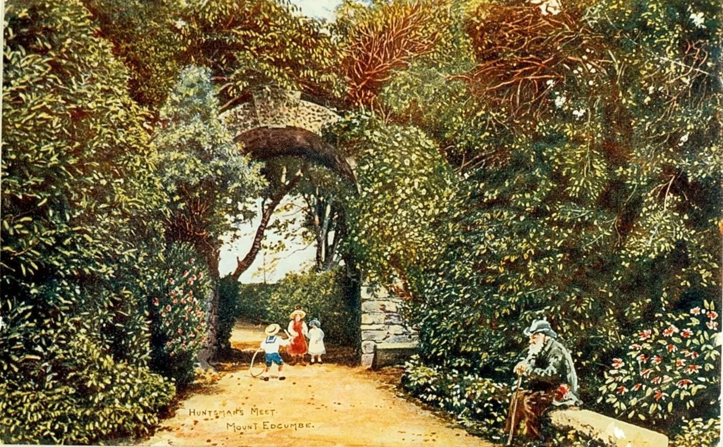 The Archway painted in c 1910 when it was intact and framed by evergreen foliage. Children stand under the arch and an old man with a stick sits on a bench.