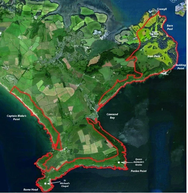 Google Earth map of Rame peninsula with country park outlined in red. Green land, dark blue sea.