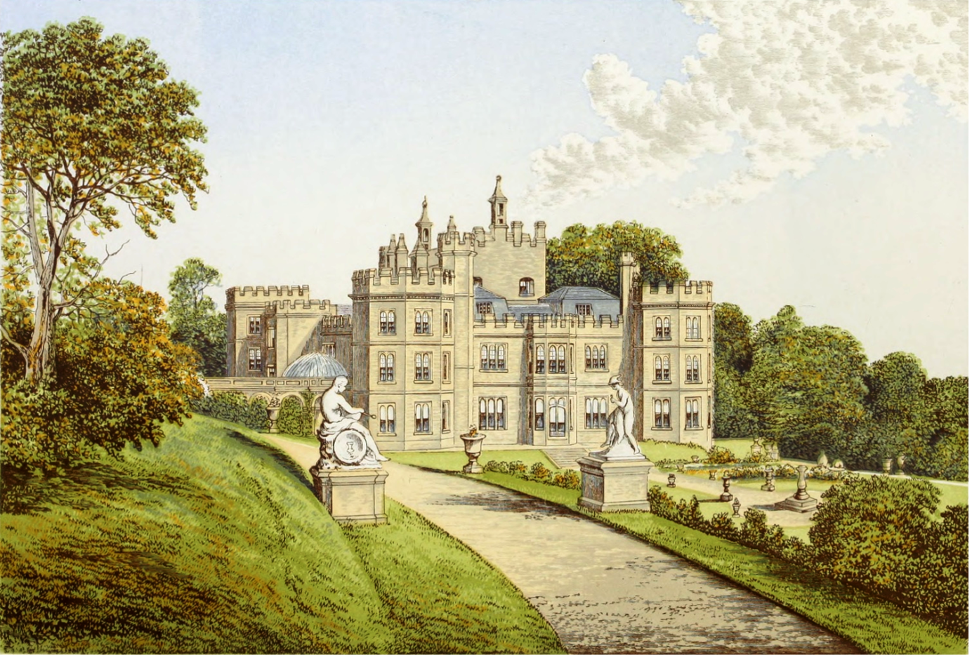 Colour print of Mount Edgcumbe House showing eastern elevation with extension and conservatory  c. 1880.