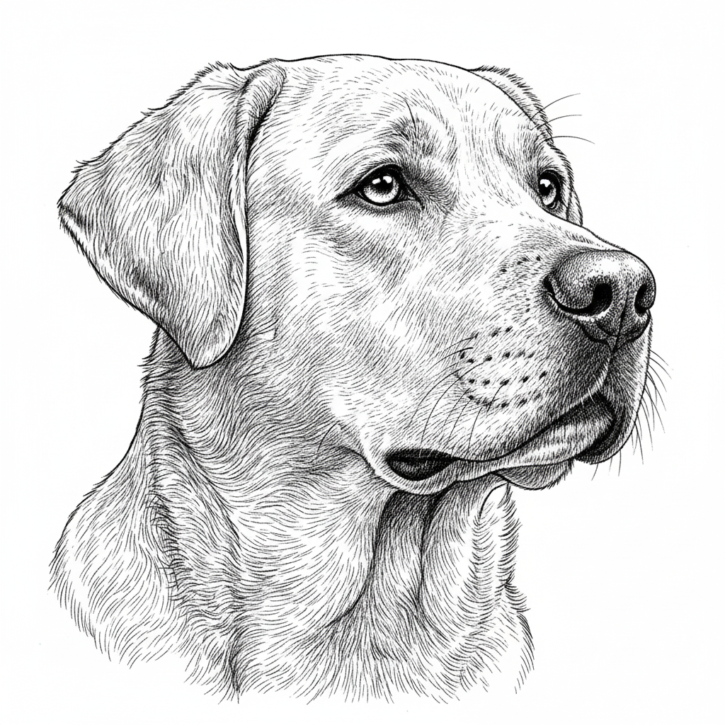 Black and white detailed drawing of a Labrador Retriever's head with a calm expression.