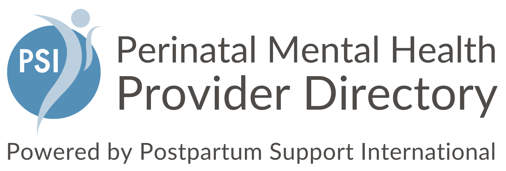Logo for Perinatal Mental Health Provider Directory, powered by Postpartum Support International, featuring a blue circle with a stylized figure and the initials PSI.