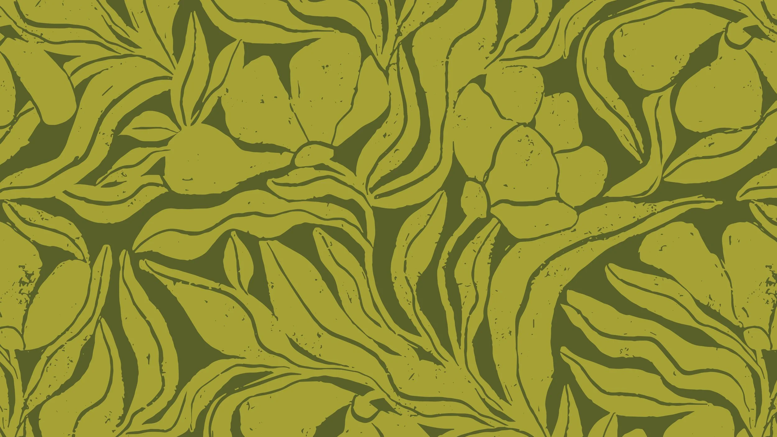 Illustration of green and yellow abstract floral pattern with leaves and buds.